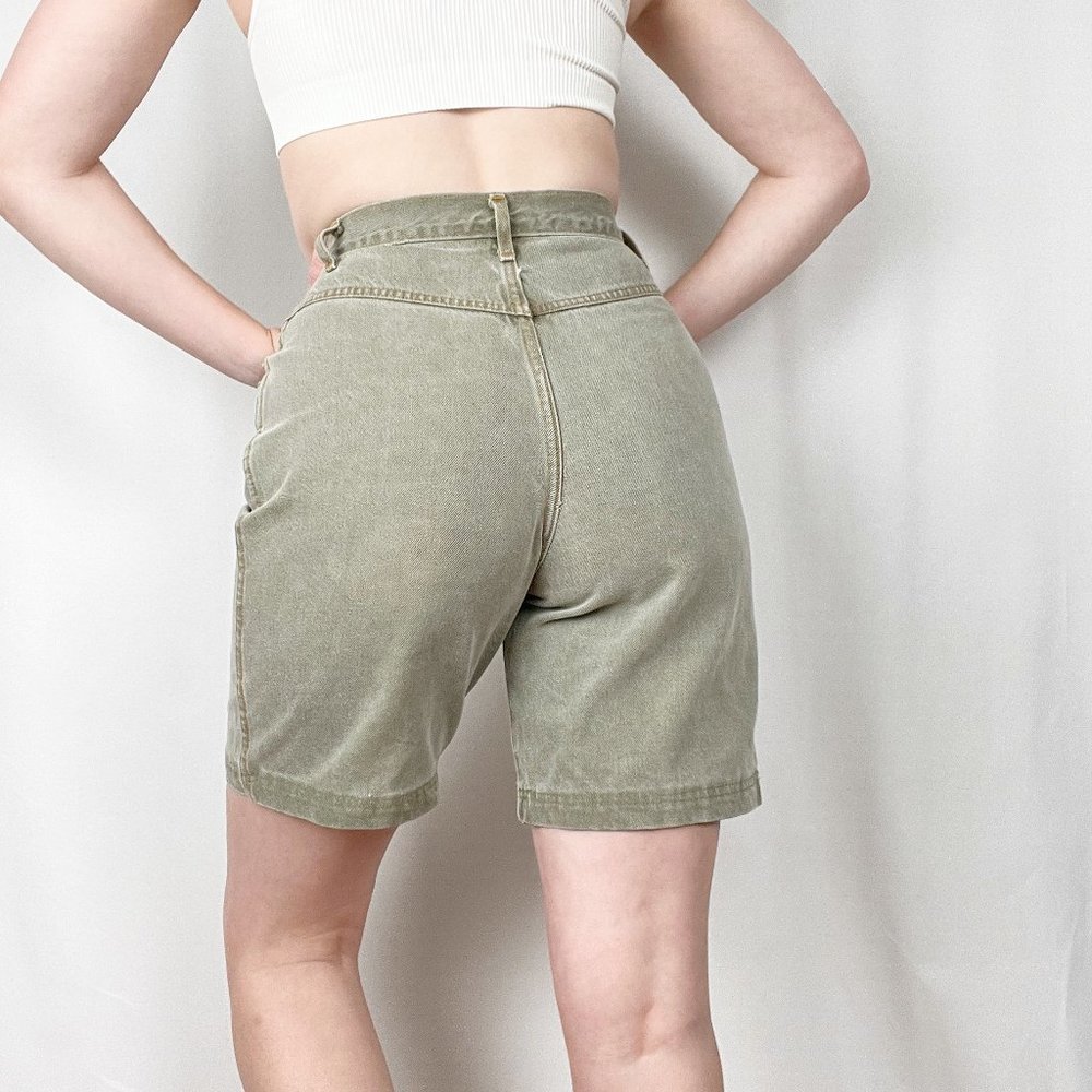 Vintage Ultra High Rise Sage Green Rigid Wedgie Denim Pleated Long Jean Shorts - Picture 3 of 8
